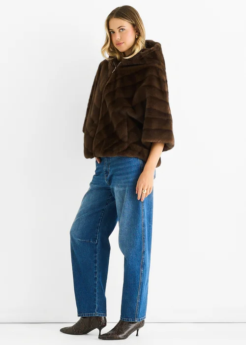 Gini London Coffee Hooded Chevron Faux Fur Cape Jacket - S/M Image 4