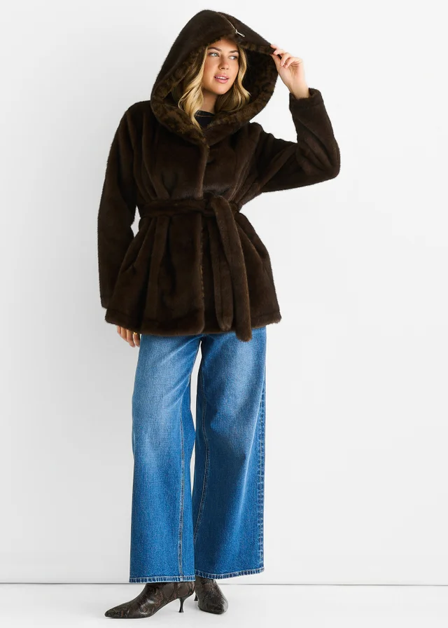 Gini London Chocolate Premium Contrast Lapel Hood Animal Faux Fur Jacket