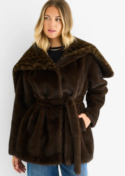 Gini London Chocolate Premium Contrast Lapel Hood Animal Faux Fur Jacket - M/L Image 3