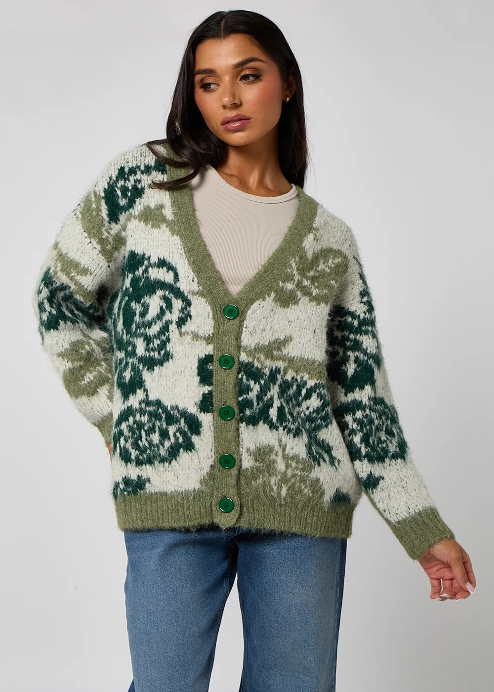 Urban Bliss Green Floral Chunky Cardigan - Large Image 1
