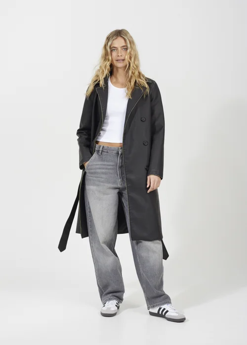 Brave Soul Black Oversized PU Double Breasted Mac - 10 Image 3