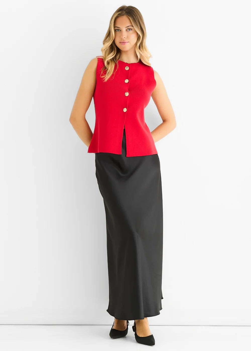 Gini London Cherry Red Button Front Compact Knit Waistcoat - L/XL Image 1