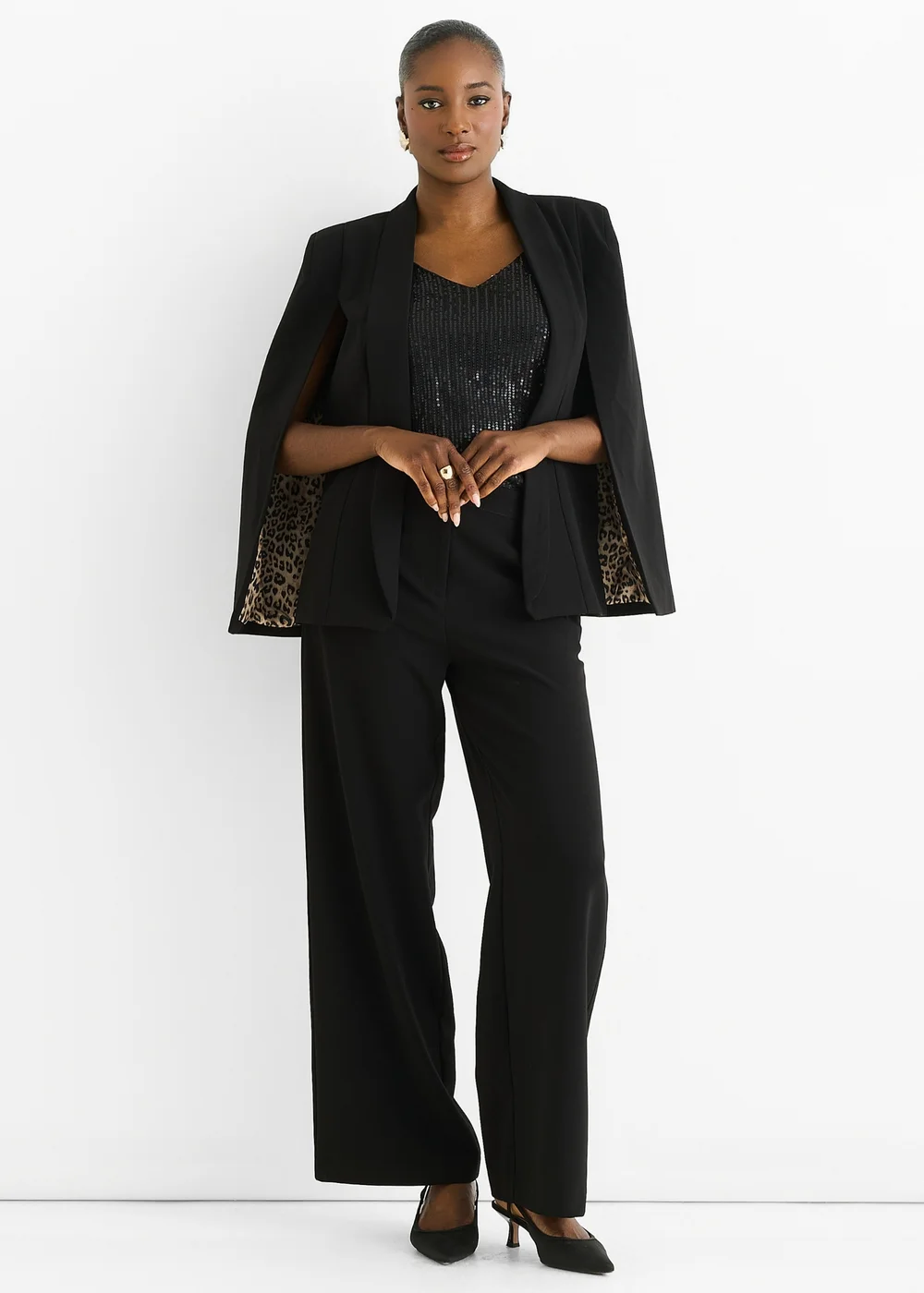 Gini London Black Contrast Animal Lining Tailoring Cape Blazer - 14 Image 1