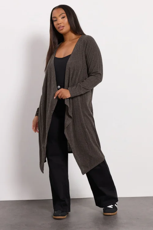 Yours Curve Brown Ribbed Midaxi Waterfall Cardigan - Size 30-32 Clothing Image 1