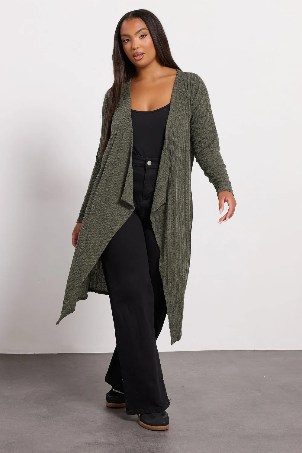Yours Curve Khaki Green Ribbed Midaxi Waterfall Cardigan - Size 20 Clothing Image 1