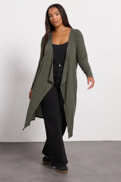 Yours Curve Khaki Green Ribbed Midaxi Waterfall Cardigan - Size 20 Clothing Image 1