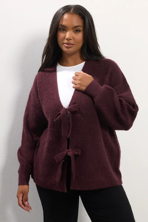 Yours Wine Red Bow Tie Front Cardigan - Size 26-28 Clothing Image 1