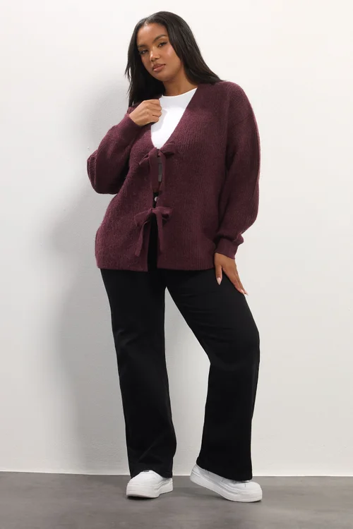 Yours Wine Red Bow Tie Front Cardigan - Size 26-28 Clothing Image 2