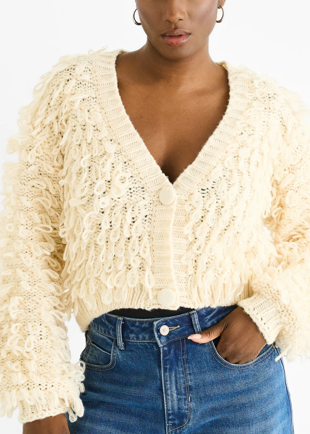 Gini London Cream Textured Loop Knit Crop Cardigan - M/L Image 3
