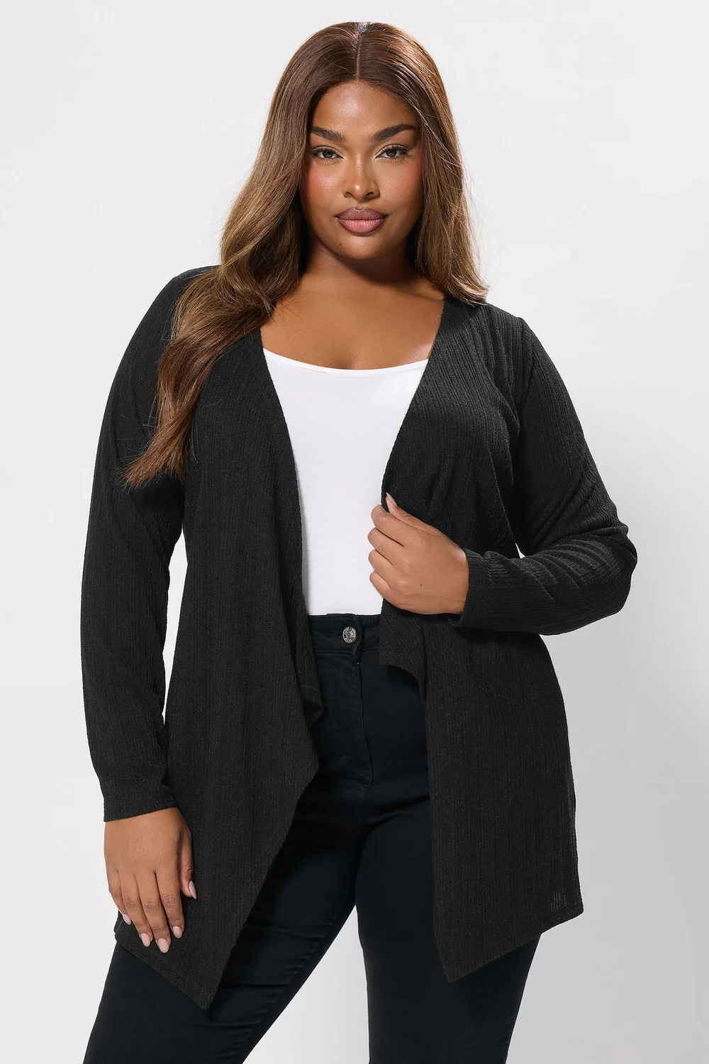 Yours Curve Black Ribbed Waterfall Cardigan - Size 30-32 Clothing Image 1
