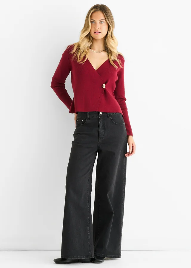 Gini London Burgundy Button Wrap Compact Knit Cardigan