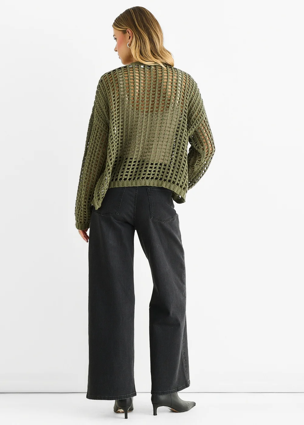 Gini London Khaki Open Knit Edge to Edge Cardigan - S/M Image 2