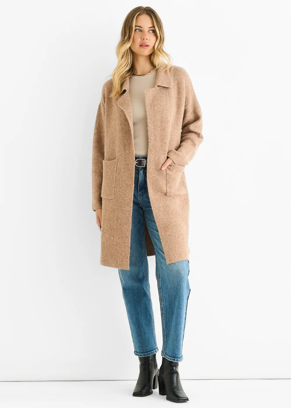 Gini London Brown Wool Mix Longline Edge to Edge Cardigan - M/L Image 1