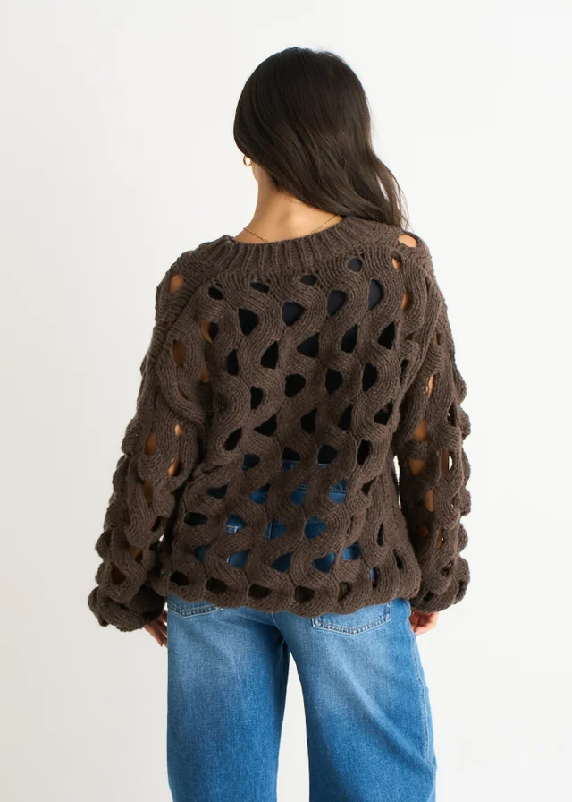 Gini London Chocolate Hollow Chunky Knit Cardigan