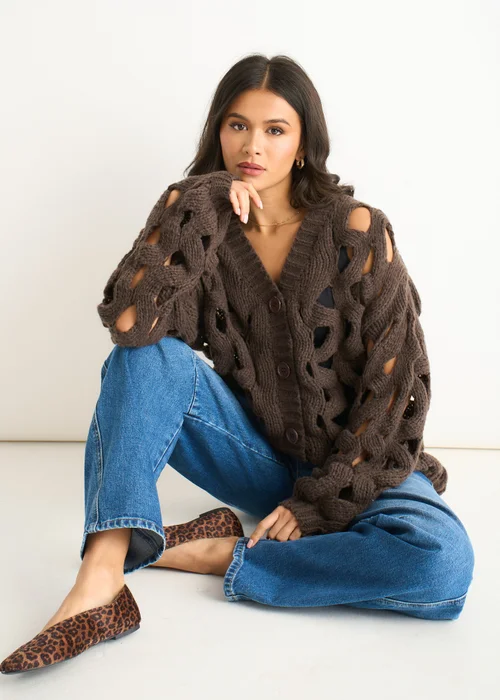 Gini London Chocolate Hollow Chunky Knit Cardigan - S/M Image 4