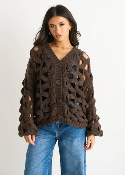 Gini London Chocolate Hollow Chunky Knit Cardigan - S/M Image 3