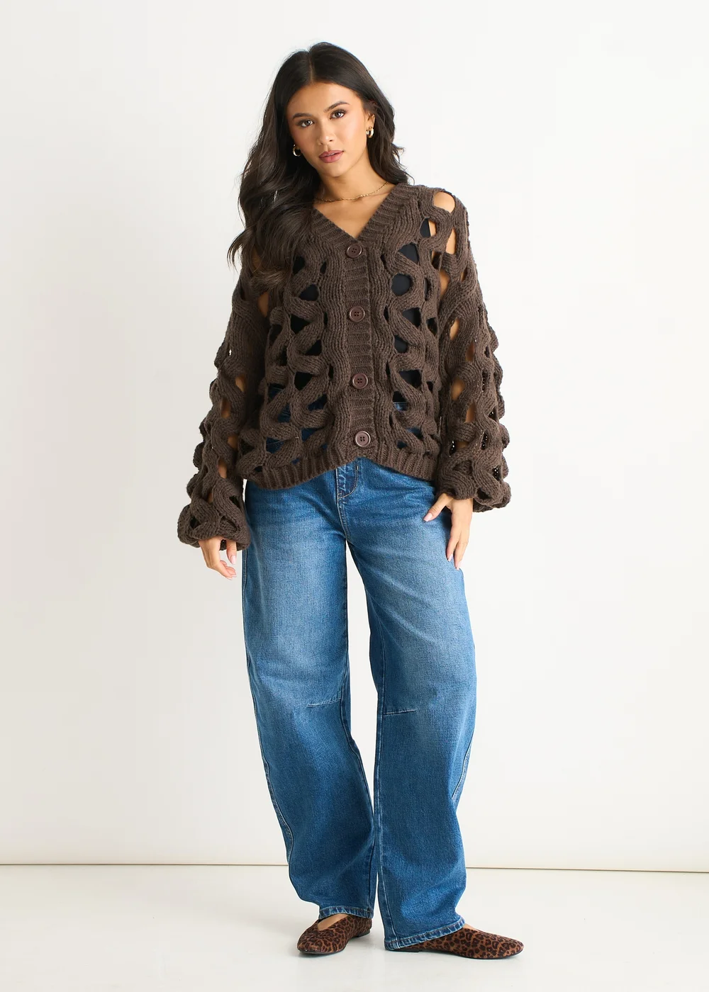 Gini London Chocolate Hollow Chunky Knit Cardigan - S/M Image 1