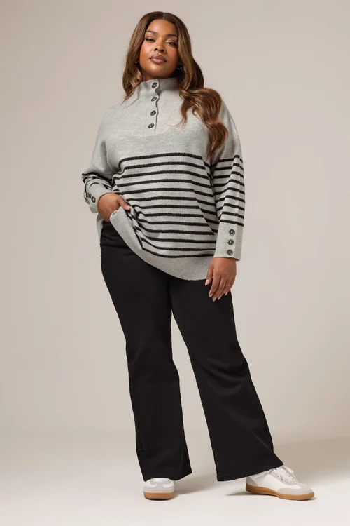 Yours Grey & Black Striped Button Neck Jumper - Size 22-24 Image 2