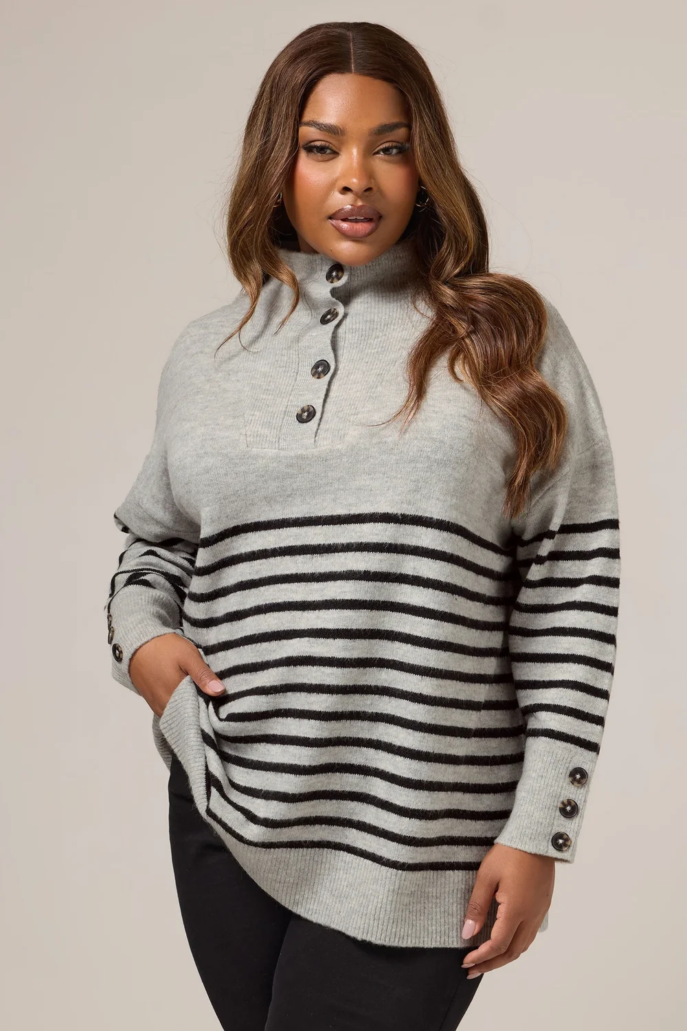 Yours Grey & Black Striped Button Neck Jumper - Size 22-24 Image 1
