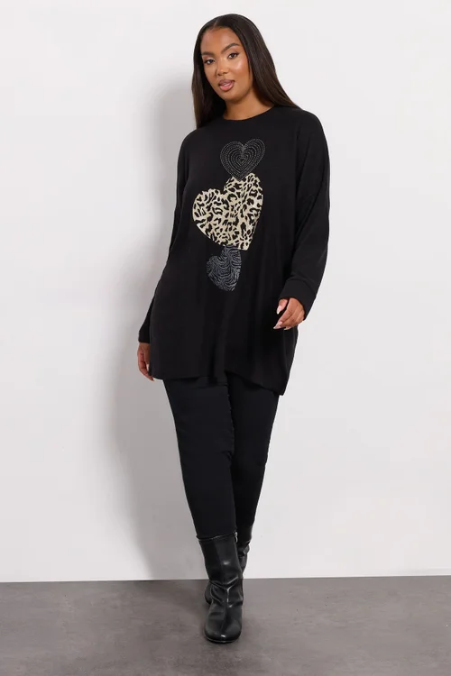 Yours Black Animal Print Heart Soft Touch Jumper - Size 22-24 Image 2
