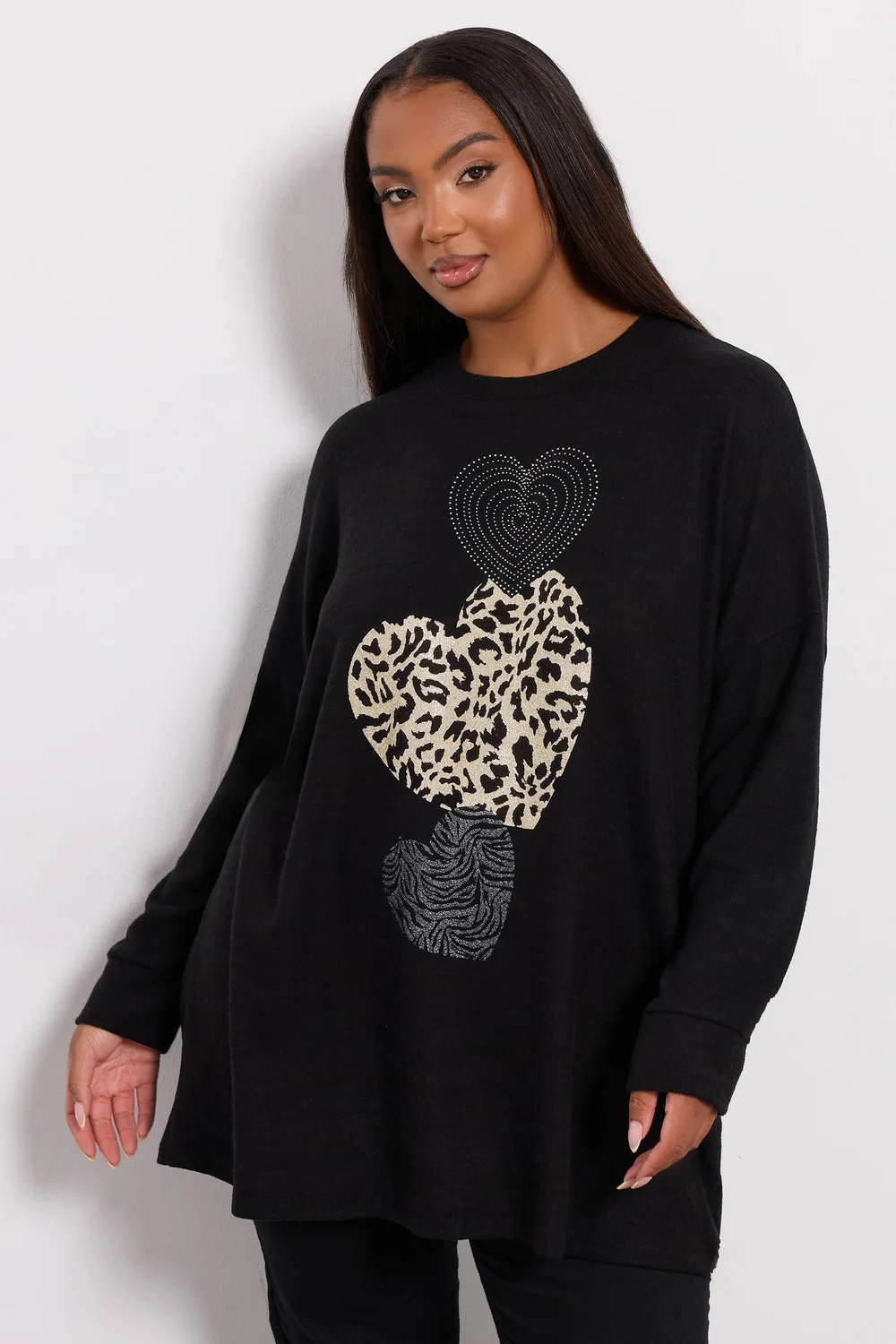 Yours Black Animal Print Heart Soft Touch Jumper - Size 22-24 Image 1
