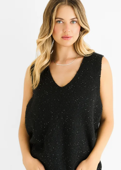 Gini London Black Sequin Sparkle V Neck Vest Knit Jumper - M/L Image 3