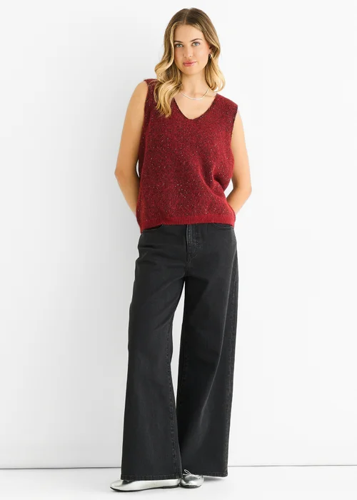 Gini London Red Sequin Sparkle V Neck Vest Knit Jumper - S/M Image 1