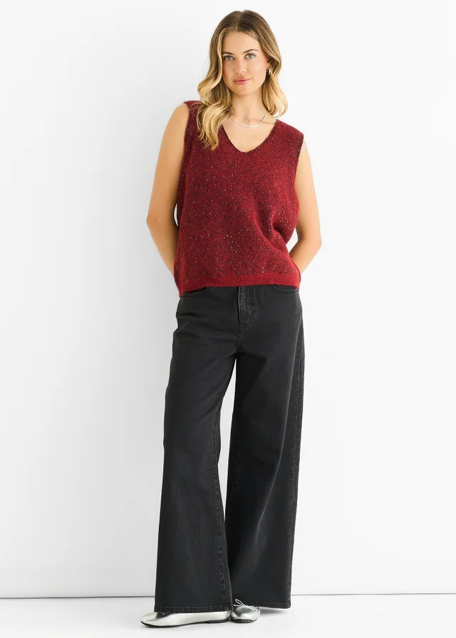Gini London Red Sequin Sparkle V Neck Vest Knit Jumper