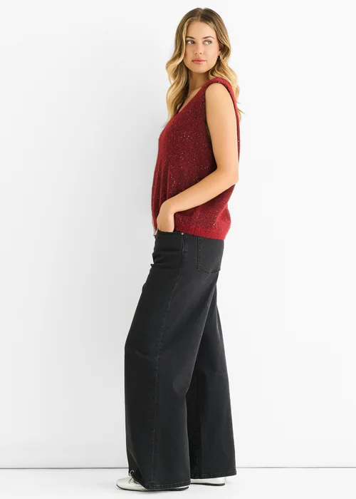 Gini London Red Sequin Sparkle V Neck Vest Knit Jumper - S/M Image 4