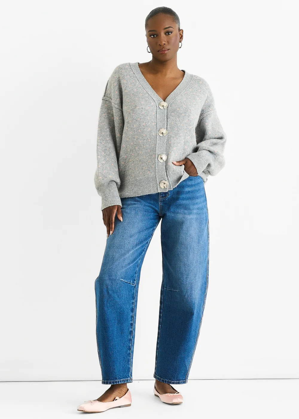 Gini London Grey Spot Print Button Cardigan Look Jumper - S/M Image 1