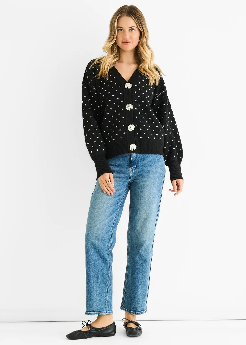 Gini London Black Spot Print Button Cardigan Look Jumper - L/XL Image 1