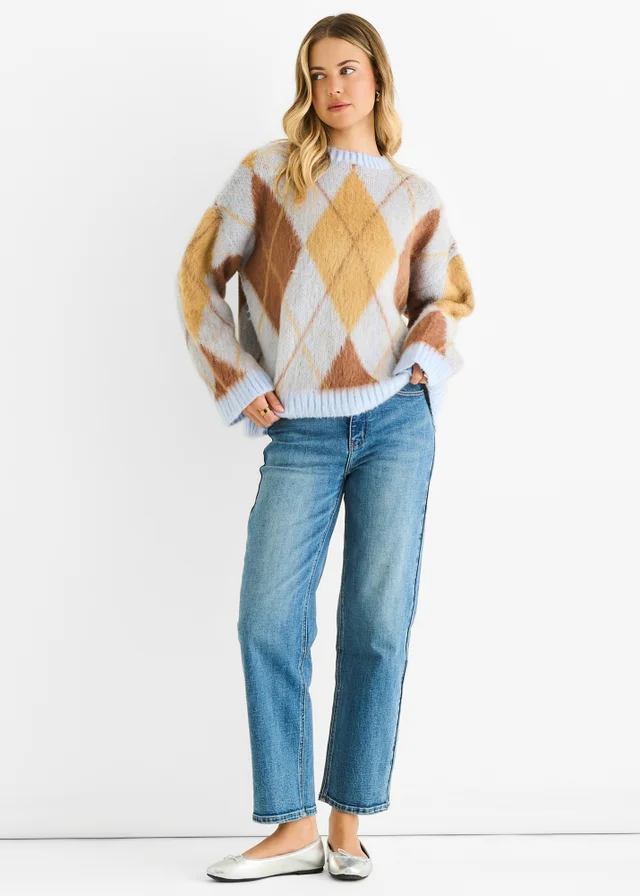 Gini London Blue Argyle Knit Round Neck Jumper