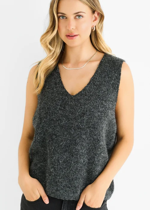 Gini London Grey Sequin Sparkle V Neck Vest Knit Jumper - L/XL Image 3