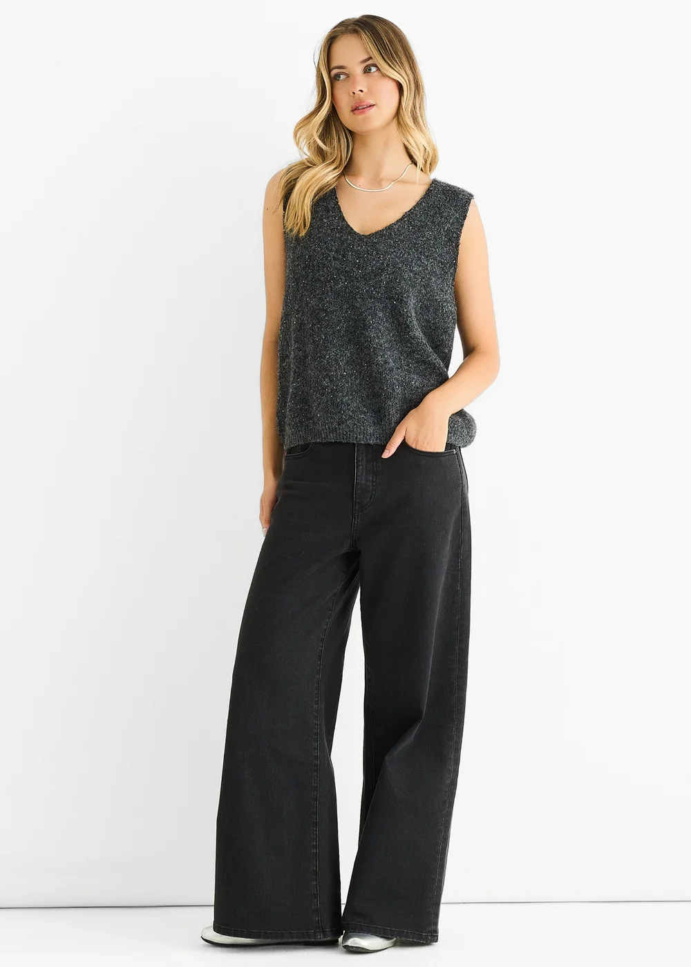 Gini London Grey Sequin Sparkle V Neck Vest Knit Jumper - L/XL Image 1