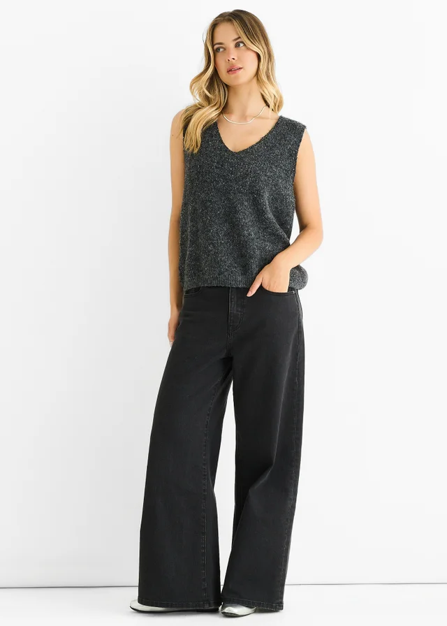 Gini London Grey Sequin Sparkle V Neck Vest Knit Jumper