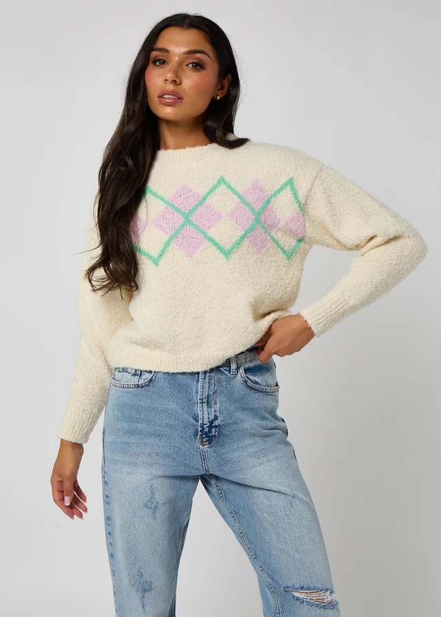 Urban Bliss Cream Boucle Argyle Jumper
