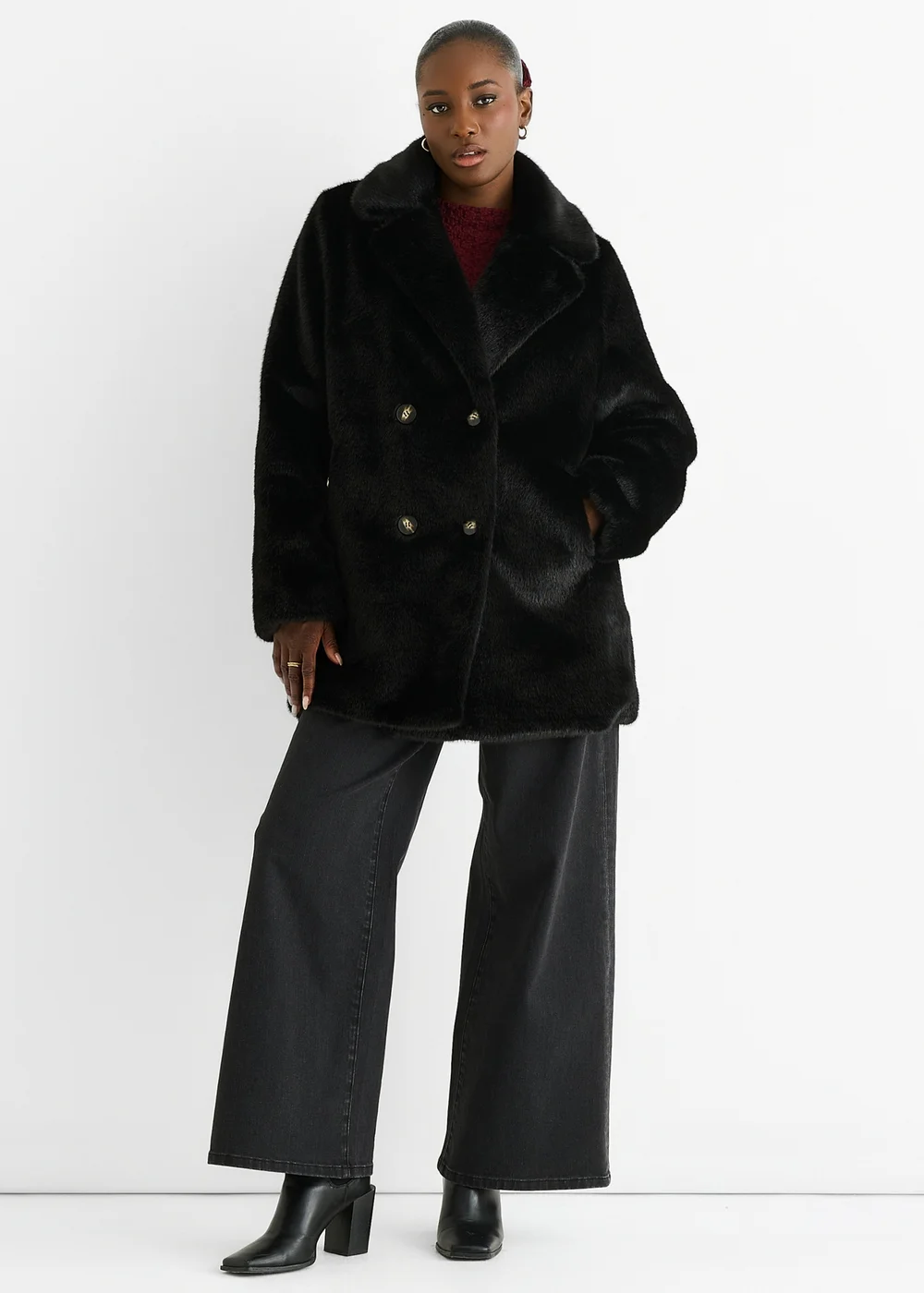 Gini London Black Faux Fur Double Breasted Longline Jacket - L/XL Image 1