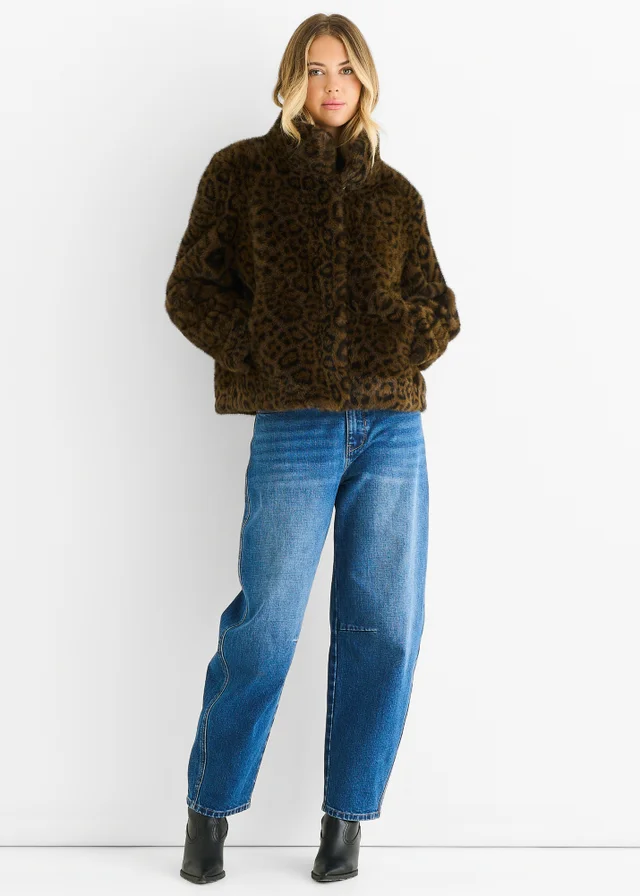 Gini London Brown Funnel Neck Animal Print Faux Fur Jacket