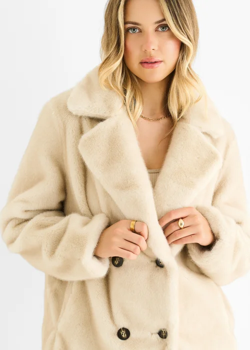 Gini London Beige Faux Fur Double Breasted Longline Jacket - L/XL Image 3