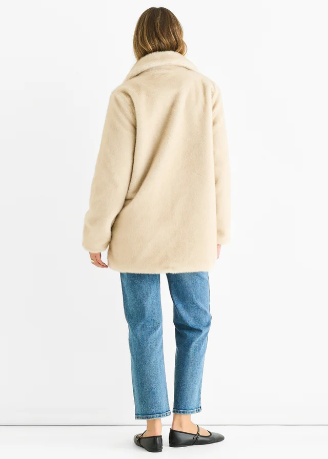 Gini London Beige Faux Fur Double Breasted Longline Jacket