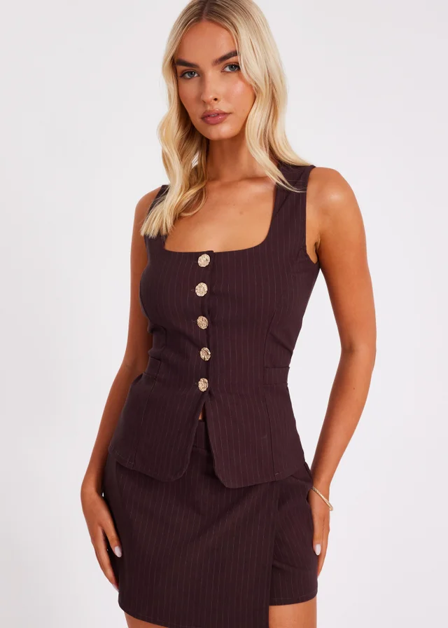 Quiz Brown Pinstripe Wrap Skort