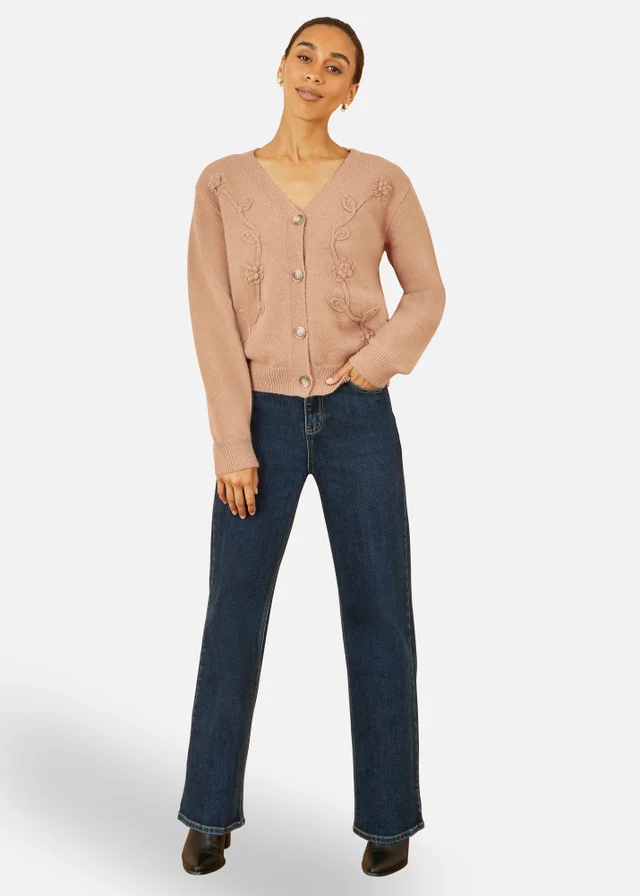 Yumi Brown Floral Embroidered Relaxed Fit Cardigan