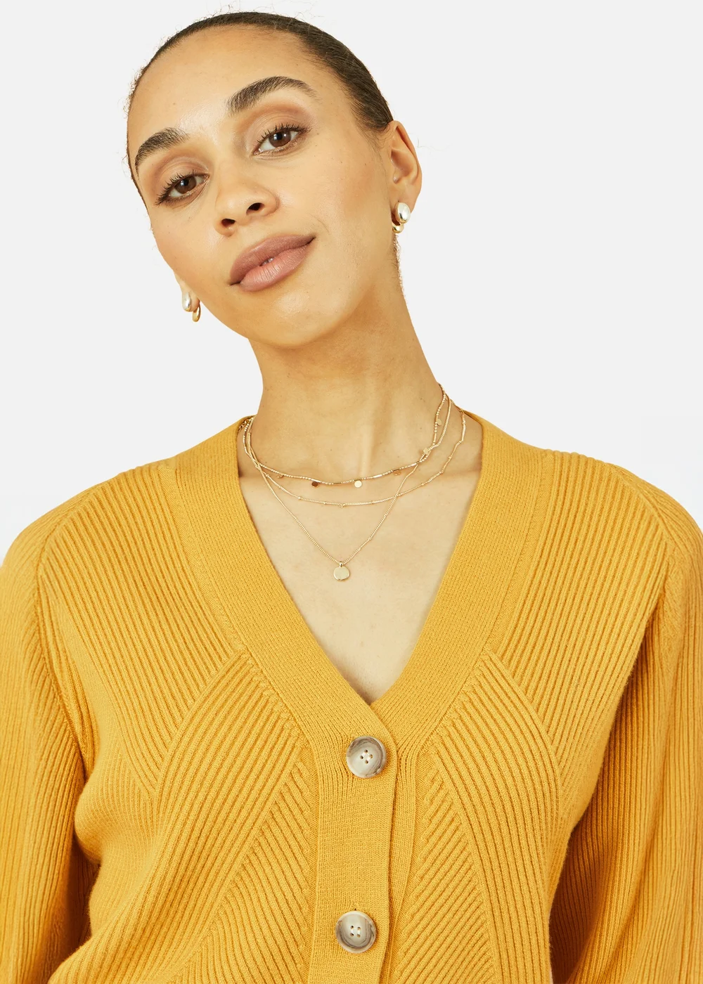 Yumi Mustard Knitted Stitch Detail Cardigan - Large Image 2