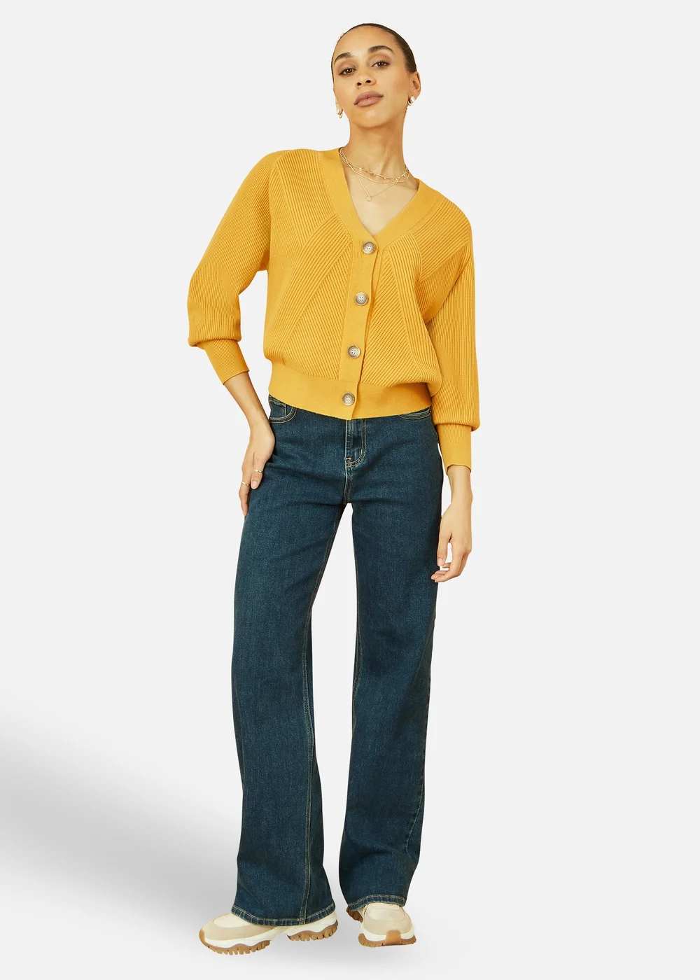 Yumi Mustard Knitted Stitch Detail Cardigan - Large Image 1