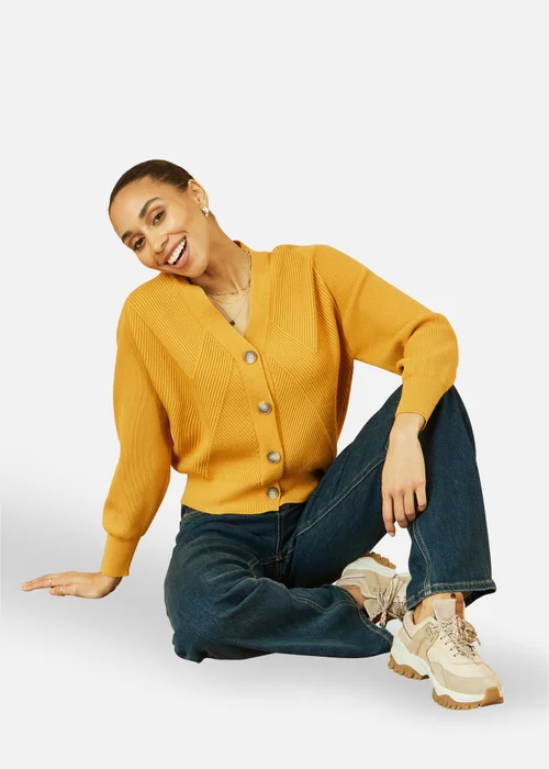 Yumi Mustard Knitted Stitch Detail Cardigan - Large Image 3