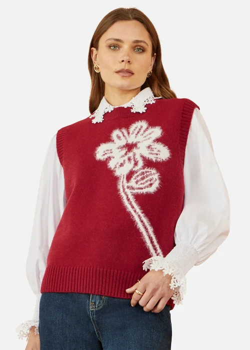 Yumi Burgundy Knitted Flower Sleeveless Jumper Vest - Large Image 2