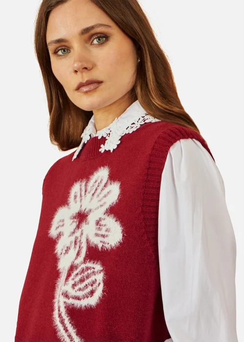 Yumi Burgundy Knitted Flower Sleeveless Jumper Vest - Large Image 3