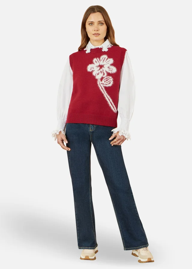 Yumi Burgundy Knitted Flower Sleeveless Jumper Vest