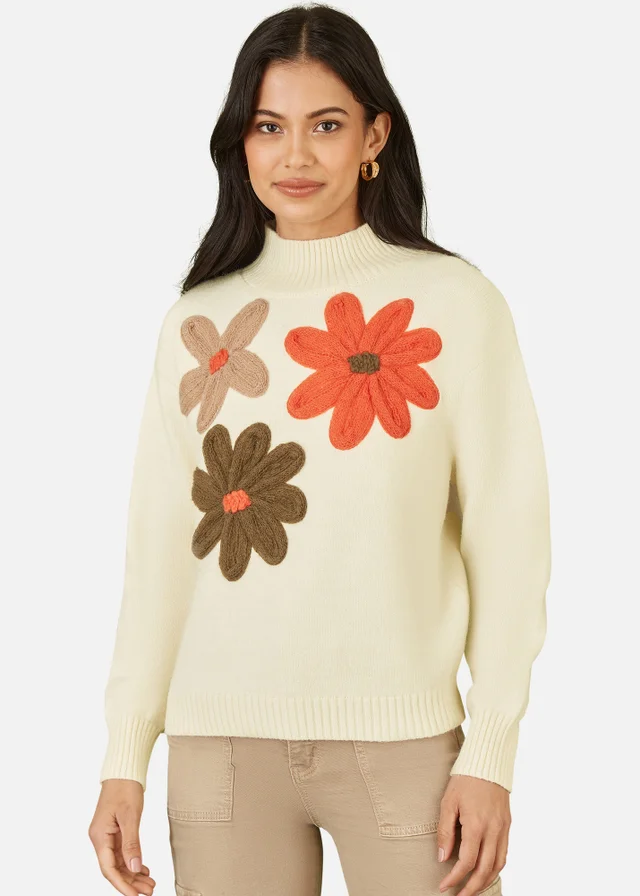 Yumi Ivory Knitted High Neck Jumper With Applique Flowers