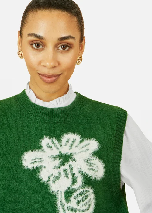 Yumi Green Knitted Flower Sleeveless Jumper Vest - Small Image 2